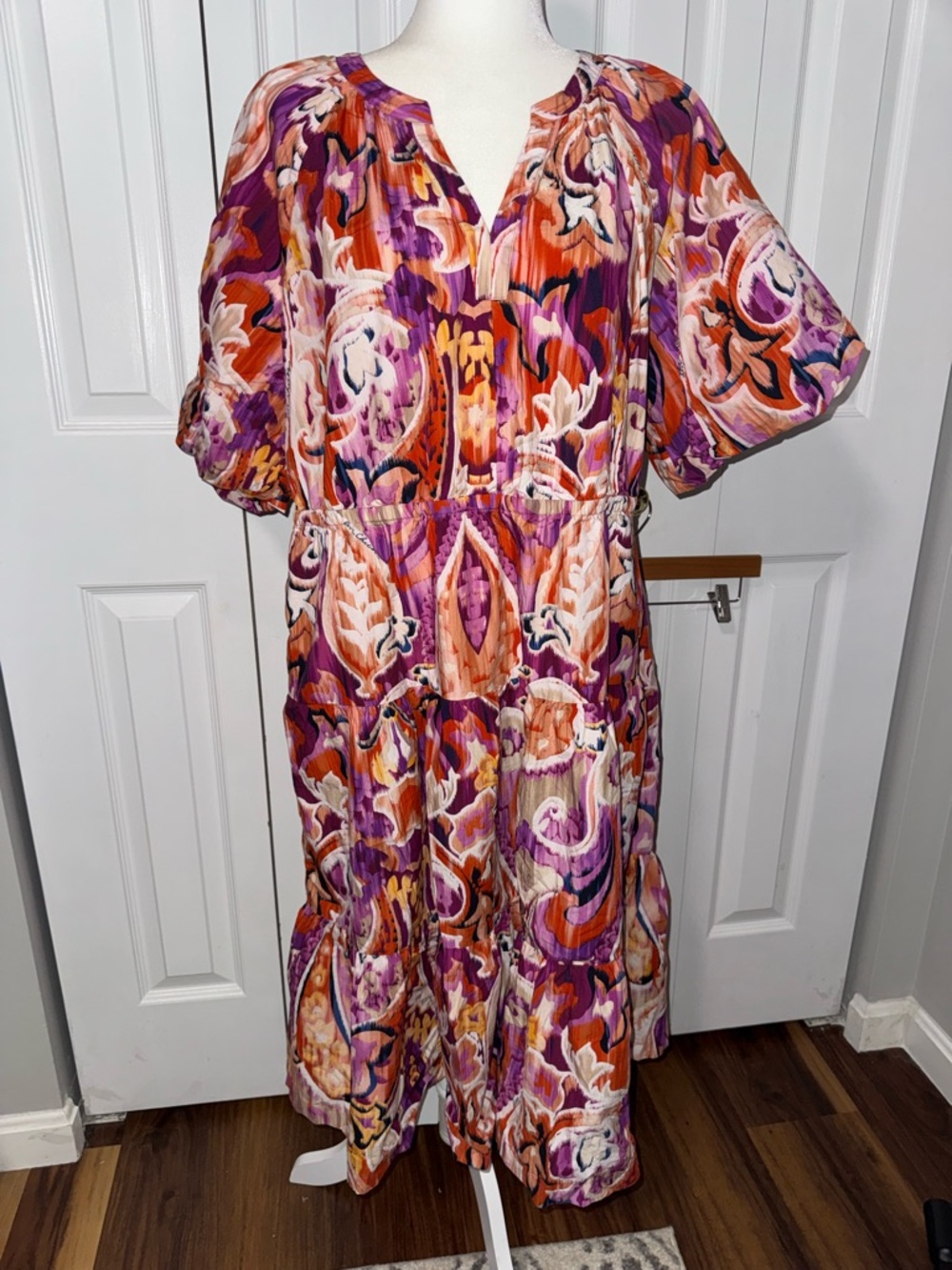 Chico's 40th Anniversary Puff Sleeve Tiered Paisley Print Midi Dress Size 16 3